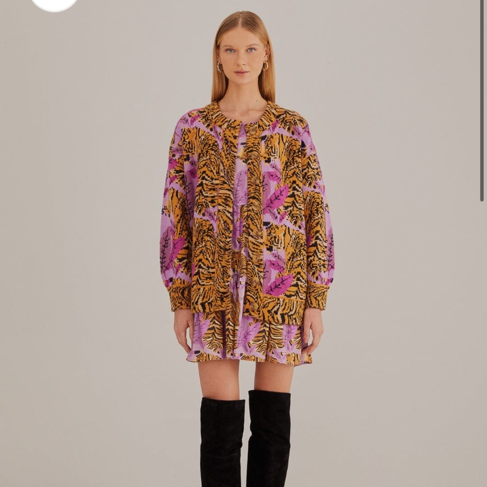 Farm Rio Lavender Tiger Leaves Knit Cardigan XL